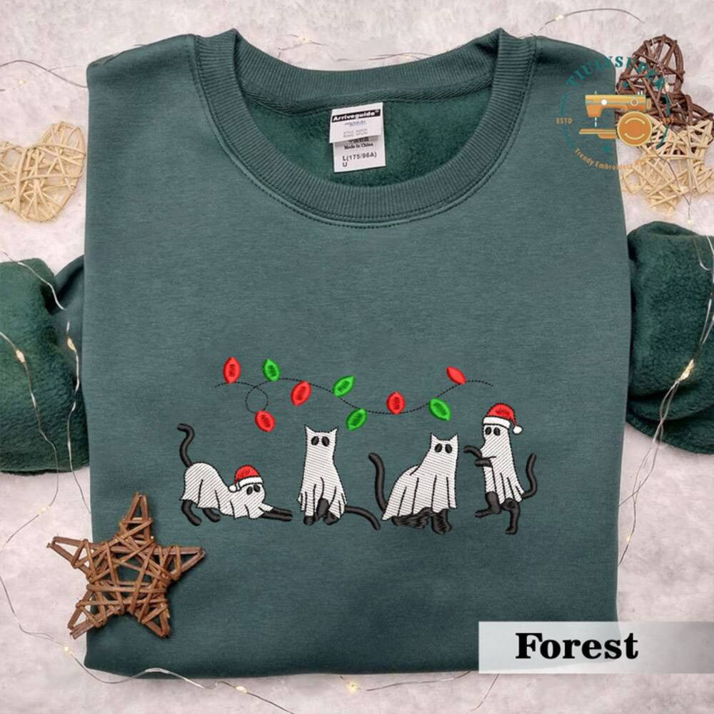 Christmas Spooky Cat Season Embroidered Sweater, Embroidered Christmas Season Spooky Sweatshirt, Spooky Embroidered Sweatshirt, Ghost Shirt