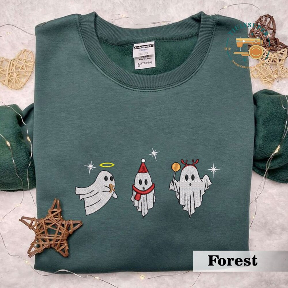 Christmas Spooky Season Embroidered Sweater, Embroidered Christmas Season Spooky Sweatshirt, Ghost Embroidered Shirt, Spooky Embroidered