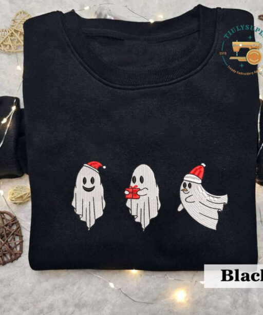Christmas Spooky Season Embroidered Sweater, Embroidered Christmas Season Spooky Sweatshirt, Ghost Embroidered Shirt, Spooky Embroidered