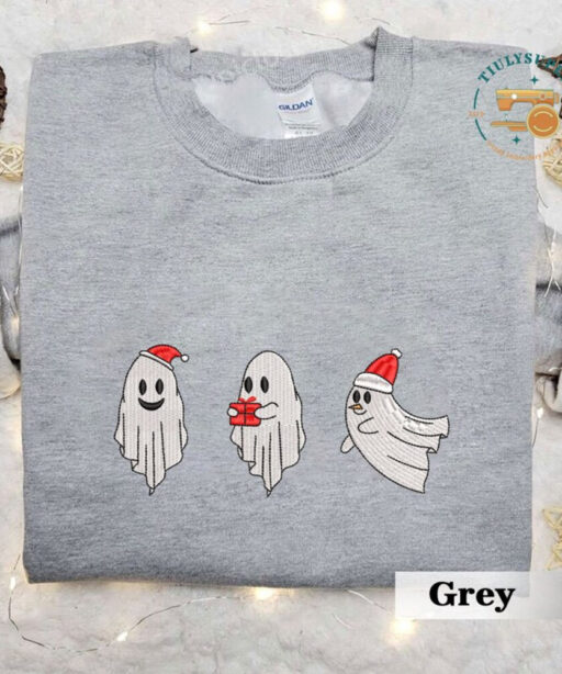 Christmas Spooky Season Embroidered Sweater, Embroidered Christmas Season Spooky Sweatshirt, Ghost Embroidered Shirt, Spooky Embroidered