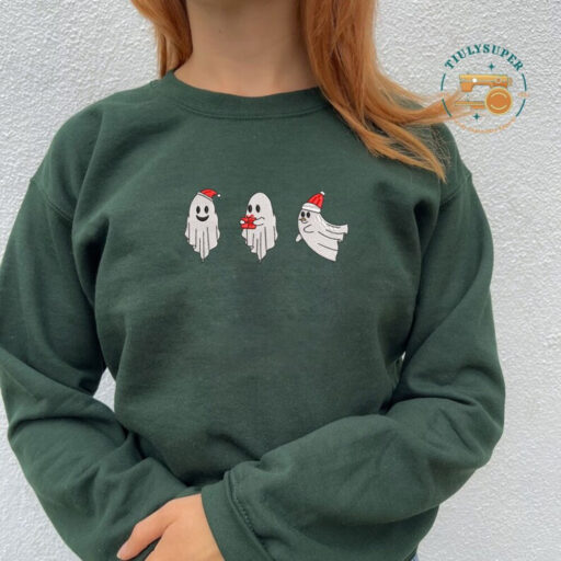 Christmas Spooky Season Embroidered Sweater, Embroidered Christmas Season Spooky Sweatshirt, Ghost Embroidered Shirt, Spooky Embroidered