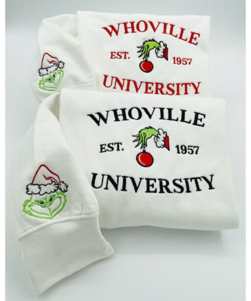 Christmas Sweatshirt, Whoville University Embroidered Sweatshirt, Christmas Embroidery Sweatshirt, Christmas Crewneck, Cute Sleeve