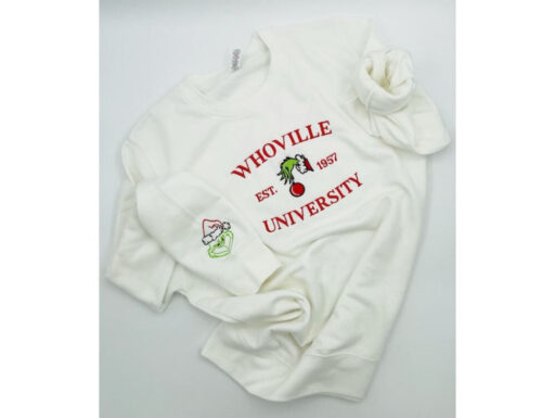 Christmas Sweatshirt, Whoville University Embroidered Sweatshirt, Christmas Embroidery Sweatshirt, Christmas Crewneck, Cute Sleeve