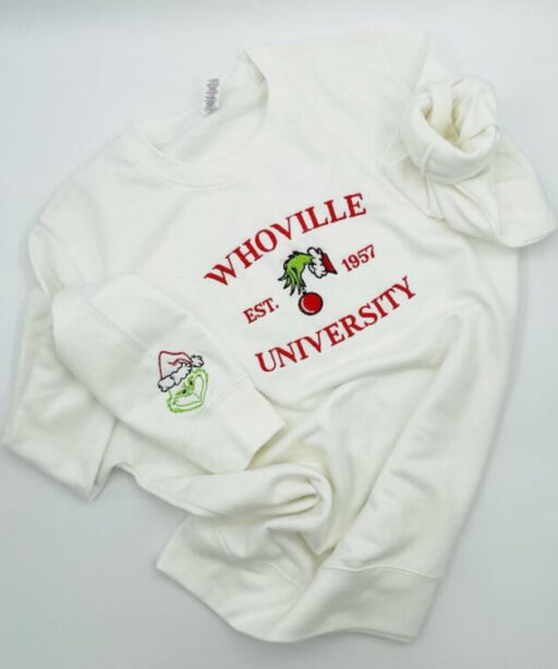 Christmas Sweatshirt, Whoville University Embroidered Sweatshirt, Christmas Embroidery Sweatshirt, Christmas Crewneck, Cute Sleeve