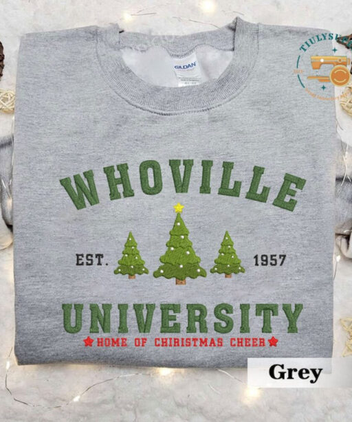 Christmas Tree Farm Embroidered Sweatshirt, Whoville University Embroidered Sweatshirt, Christmas Embroidery Sweatshirt, Cute Sleeve