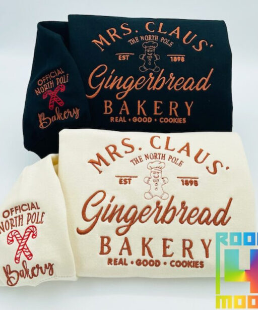 Embroidered Gingerbread embroidery sweatshirt/Christmas, sleeve North Pole Bakery, Y2K Style Embroidered Crewneck| Mrs Clause Bakery Cookies