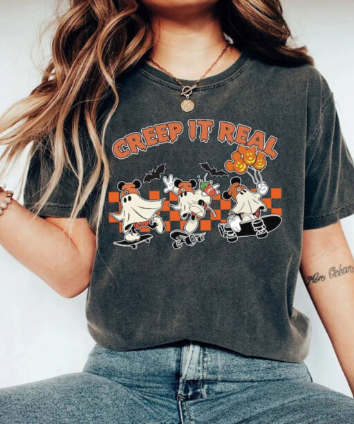 Comfort Colors Mickey Ghost Creep It Real Shirt,Mickey Ghost Spooky Season With Pumpkin Comfort Colors Tee, Retro Mickey Ghost Halloween Tee