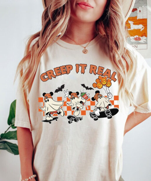 Comfort Colors Mickey Ghost Creep It Real Shirt,Mickey Ghost Spooky Season With Pumpkin Comfort Colors Tee, Retro Mickey Ghost Halloween Tee