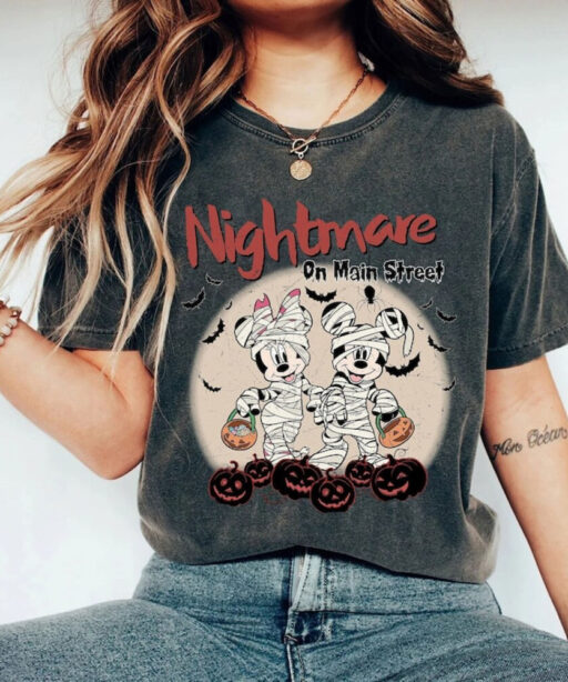 Comfort Colors Mickey Minnie Halloween Shirt, Vintage Disney Halloween T-shirt, Nightmare On The Main Street Shirt, Halloween Pumpkin Shirt