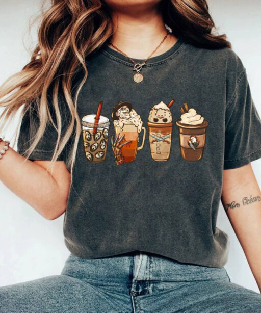 Comfort Colors®Horror Movie Coffee Latte Shirt, Horror Characters Coffee Cup Sweatshirt,Halloween Drink Cozy Shirt,Fall Sweatshirt For Women