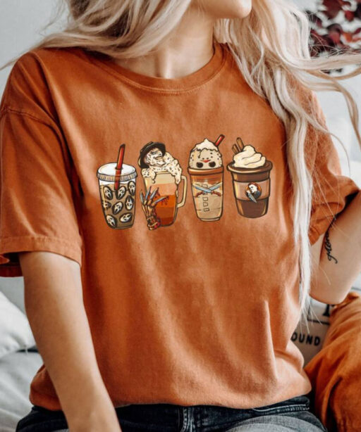 Comfort Colors®Horror Movie Coffee Latte Shirt, Horror Characters Coffee Cup Sweatshirt,Halloween Drink Cozy Shirt,Fall Sweatshirt For Women