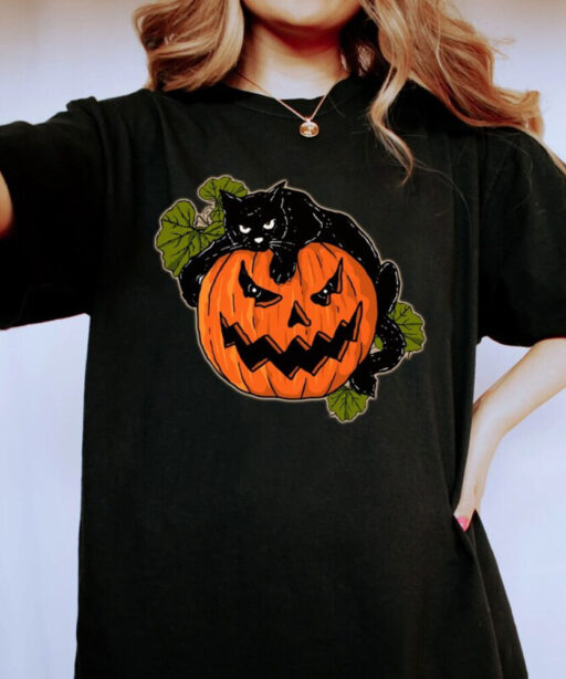 Comfort Colors® Black Cat On Pumpkin shirt, Shirt For Fall, Black Cat T-shirt, Halloween Black Cat Design, Fall Shirt, Iprintasty Halloween