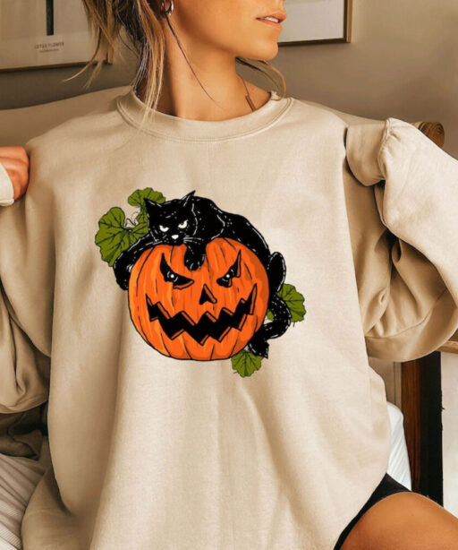 Comfort Colors® Black Cat On Pumpkin shirt, Shirt For Fall, Black Cat T-shirt, Halloween Black Cat Design, Fall Shirt, Iprintasty Halloween