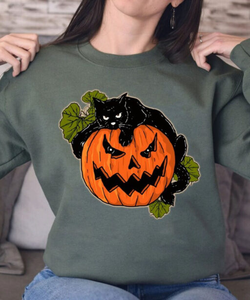 Comfort Colors® Black Cat On Pumpkin shirt, Shirt For Fall, Black Cat T-shirt, Halloween Black Cat Design, Fall Shirt, Iprintasty Halloween