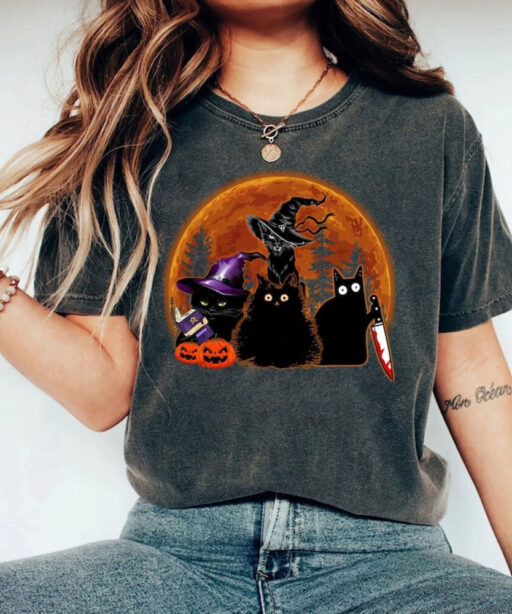 Comfort Colors® Black Cat Pumpkin Halloween shirt, Black Cat t-shirt, Halloween Black Cat Sweatshirt, Gift For Women, Cute Ghost Black Cat