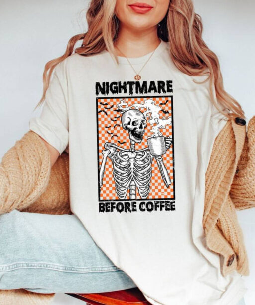 Comfort Colors® Halloween Nightmare Before Coffee Skeleton Shirt, Halloween Coffee Shirt, Funny Halloween Tee, Trendy Fall Coffee Lover Gift