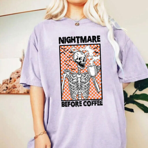 Comfort Colors® Halloween Nightmare Before Coffee Skeleton Shirt, Halloween Coffee Shirt, Funny Halloween Tee, Trendy Fall Coffee Lover Gift