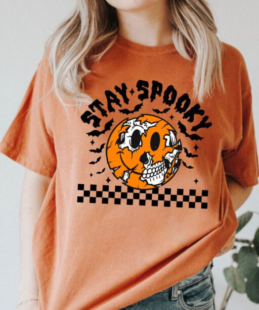 Comfort Colors® Retro Stay Spooky Shirt, Funny Ghost Shirt, Pumpkin Halloween Skeleton Shirt, Trick Or Treat Shirt, Halloween Skeleton Shirt