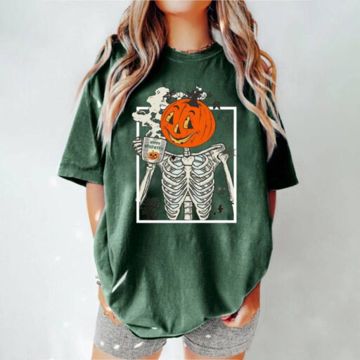 Comfort Colors® Skeleton Pumpkin Shirt, Halloween Coffee T-Shirt, Womens Fall Fashion shirt, HALLOWEEN Coffee t-shirt, iprintasty halloween