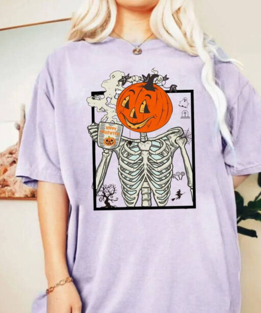 Comfort Colors® Skeleton Pumpkin Shirt, Halloween Coffee T-Shirt, Womens Fall Fashion shirt, HALLOWEEN Coffee t-shirt, iprintasty halloween