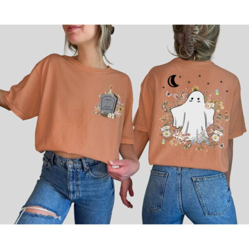 Custom Ghost Comfort Colors Unisex T-shirt, Mystical Cute Ghost Front and Back Shirt, Witchy Stuff, Spooky Wildflower Shirt, Halloween Shirt