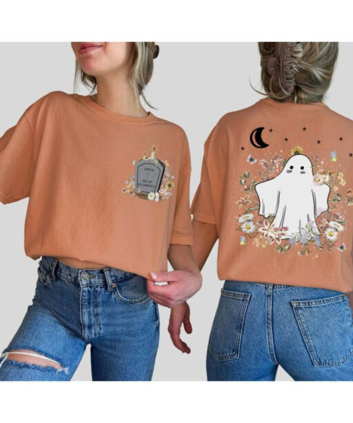 Custom Ghost Comfort Colors Unisex T-shirt, Mystical Cute Ghost Front and Back Shirt, Witchy Stuff, Spooky Wildflower Shirt, Halloween Shirt