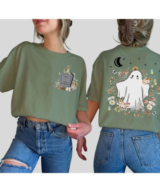 Custom Ghost Comfort Colors Unisex T-shirt, Mystical Cute Ghost Front and Back Shirt, Witchy Stuff, Spooky Wildflower Shirt, Halloween Shirt