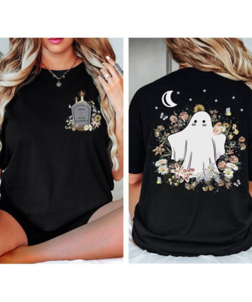 Custom Ghost Unisex T-shirt, Mystical Cute Ghost Front and Back TShirt, Witchy Stuff, Spooky Wildflower Shirt, Trendy Top Halloween Shirt