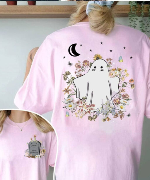 Custom Ghost Unisex T-shirt, Mystical Cute Ghost Front and Back TShirt, Witchy Stuff, Spooky Wildflower Shirt, Trendy Top Halloween Shirt