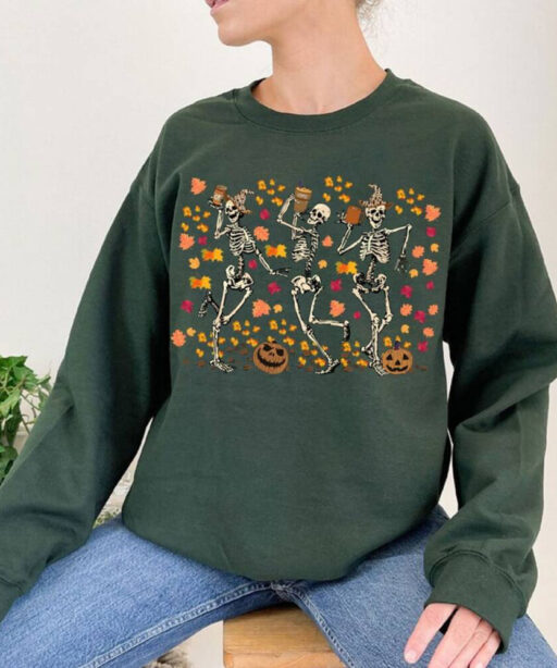 Dancing Skeleton Halloween Shirt, Pumpkin Halloween Sweatshirt, Pumpkin Shirt, Fall Sweatshirt Spooky Season TShirt, Fall Shirts for Women