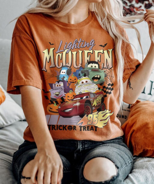 Disney Cars Halloween Sweatshirt, Retro Lightning McQueen Halloween Comfort Colors Shirt, Disney Halloween Shirt, McQueen Shirt,Disney Shirt