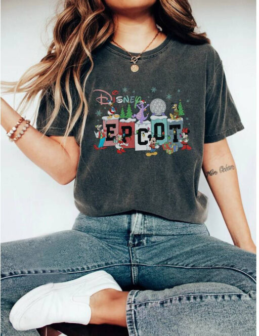 Disney Epcot Christmas Comfort Colors Shirt, Mickey And Friends Shirt,Figment Dragon Shirt, Disney Christmas Family Shirt,Disney Epcot Shirt