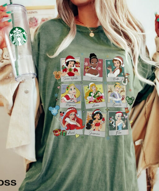 Disney Princess Christmas Polaroid Shirt, Cinderella Belle Tiana Jamine Ariel Snow White Disney Christmas Shirt, Princess Christmas Shirt