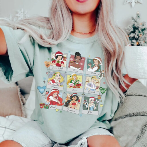 Disney Princess Christmas Polaroid Shirt, Cinderella Belle Tiana Jamine Ariel Snow White Disney Christmas Shirt, Princess Christmas Shirt