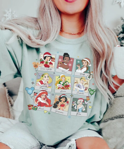 Disney Princess Christmas Polaroid Shirt, Cinderella Belle Tiana Jamine Ariel Snow White Disney Christmas Shirt, Princess Christmas Shirt