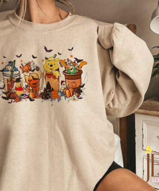 Disney Winnie The Pooh Coffee Latte Sweatshirt, Vintage Fall Season Sweater, Fall Coffee Sweatshirt, Cute Halloween Pumpkin Hoodie