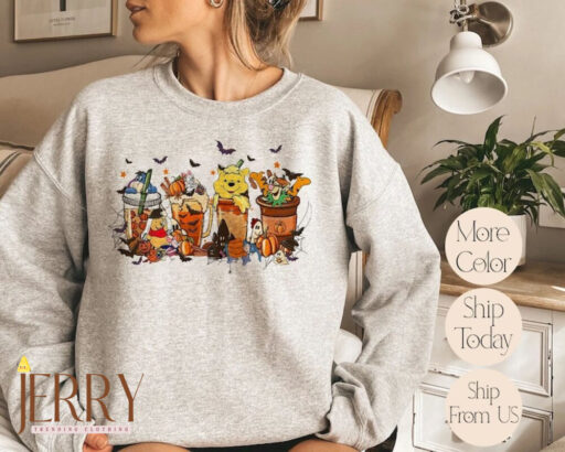 Disney Winnie The Pooh Coffee Latte Sweatshirt, Vintage Fall Season Sweater, Fall Coffee Sweatshirt, Cute Halloween Pumpkin Hoodie