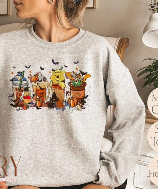 Disney Winnie The Pooh Coffee Latte Sweatshirt, Vintage Fall Season Sweater, Fall Coffee Sweatshirt, Cute Halloween Pumpkin Hoodie