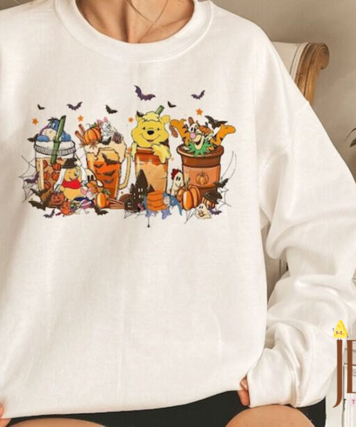 Disney Winnie The Pooh Coffee Latte Sweatshirt, Vintage Fall Season Sweater, Fall Coffee Sweatshirt, Cute Halloween Pumpkin Hoodie