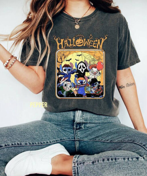 Disney's Lilo Stitch Halloween Sweatshirt, Stitch Scream Holding Balloons Comfort Color Shirt, Cute Halloween Characters, Disney Halloween