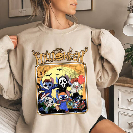 Disney's Lilo Stitch Halloween Sweatshirt, Stitch Scream Holding Balloons Comfort Color Shirt, Cute Halloween Characters, Disney Halloween