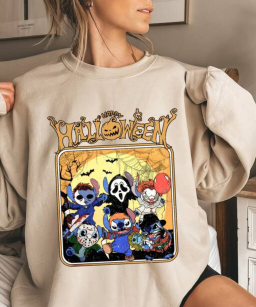 Disney's Lilo Stitch Halloween Sweatshirt, Stitch Scream Holding Balloons Comfort Color Shirt, Cute Halloween Characters, Disney Halloween