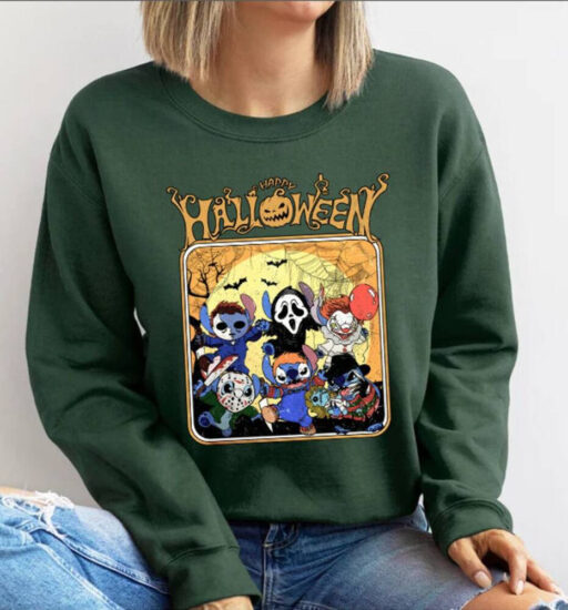 Disney's Lilo Stitch Halloween Sweatshirt, Stitch Scream Holding Balloons Comfort Color Shirt, Cute Halloween Characters, Disney Halloween