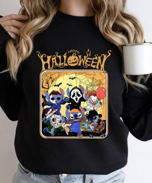 Disney's Lilo Stitch Halloween Sweatshirt, Stitch Scream Holding Balloons Comfort Color Shirt, Cute Halloween Characters, Disney Halloween