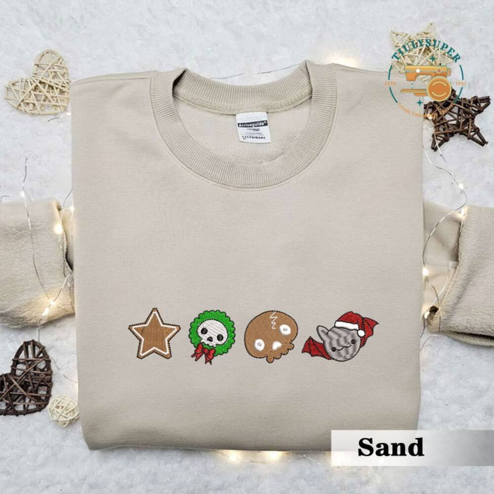 Embroidered Christmas Biscuit Sweatshirt, Christmas Spooky Season Sweater, Spooky Embroidered Sweatshirt, Ghost Embroidered Shirt