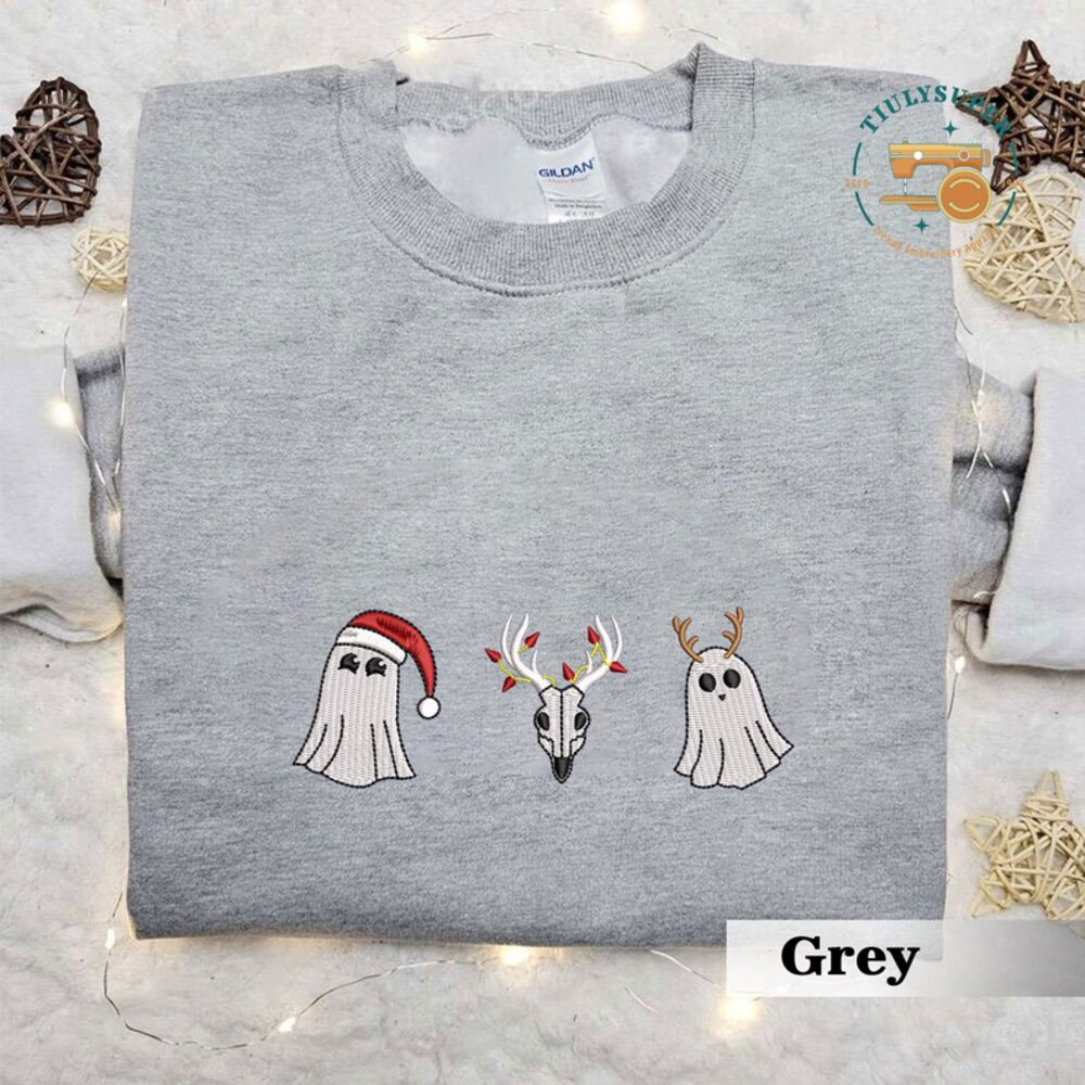 Embroidered Christmas Spooky Sweatshirt, Christmas Spooky Season Sweater, Spooky Embroidered Sweatshirt, Ghost Embroidered Shirt