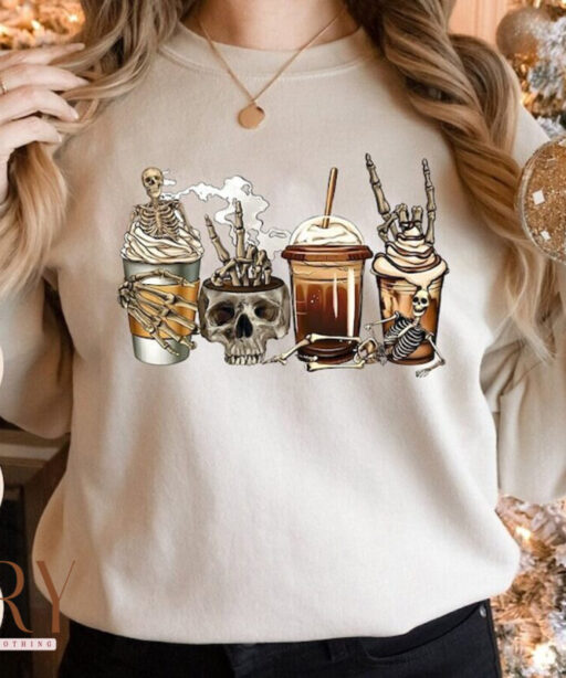 Fall Coffee Sweatshirt, Halloween Skeleton Sweatshirt, Halloween Coffee Sweatshirt, Halloween Crewneck, Pumpkin Skeleton Shirt