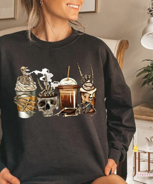 Fall Coffee Sweatshirt, Halloween Skeleton Sweatshirt, Halloween Coffee Sweatshirt, Halloween Crewneck, Pumpkin Skeleton Shirt