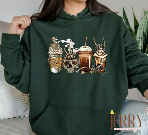 Fall Coffee Sweatshirt, Halloween Skeleton Sweatshirt, Halloween Coffee Sweatshirt, Halloween Crewneck, Pumpkin Skeleton Shirt