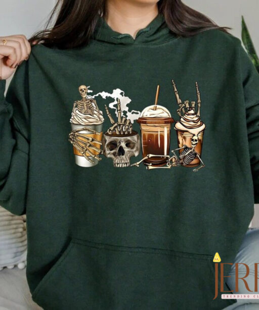 Fall Coffee Sweatshirt, Halloween Skeleton Sweatshirt, Halloween Coffee Sweatshirt, Halloween Crewneck, Pumpkin Skeleton Shirt